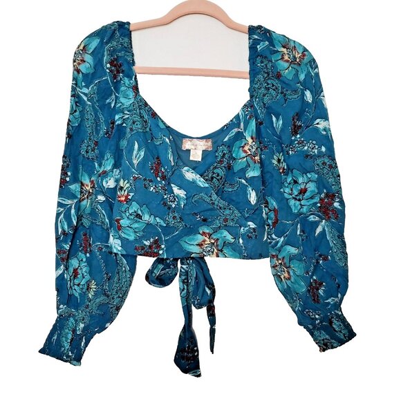 Crossover Tops - Band of the Free Boho Sybille Teal Floral Wrap Crossover Crop Top Women XS NWT